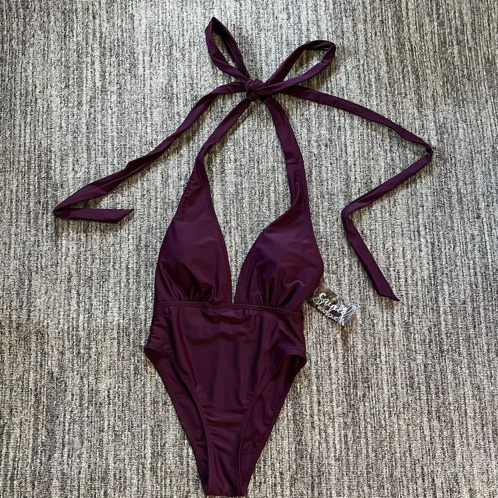 Jess Lea Women's One Piece Swimsuit‎ Size Medium Padded Plum Tie Neck New
